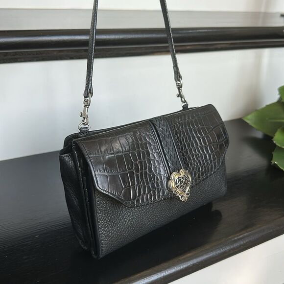 Brighton Genuine Leather Crossbody Shoulder Wallet Clutch Croc Heart Accent - Picture 3 of 9